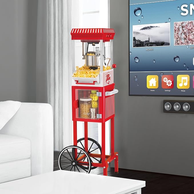 Nostalgia Popcorn Maker Machine - Professional Cart With 2.5 Oz Kettle Makes Up to 10 Cups - Vintage Popcorn Machine Movie Theater Style - Red & White