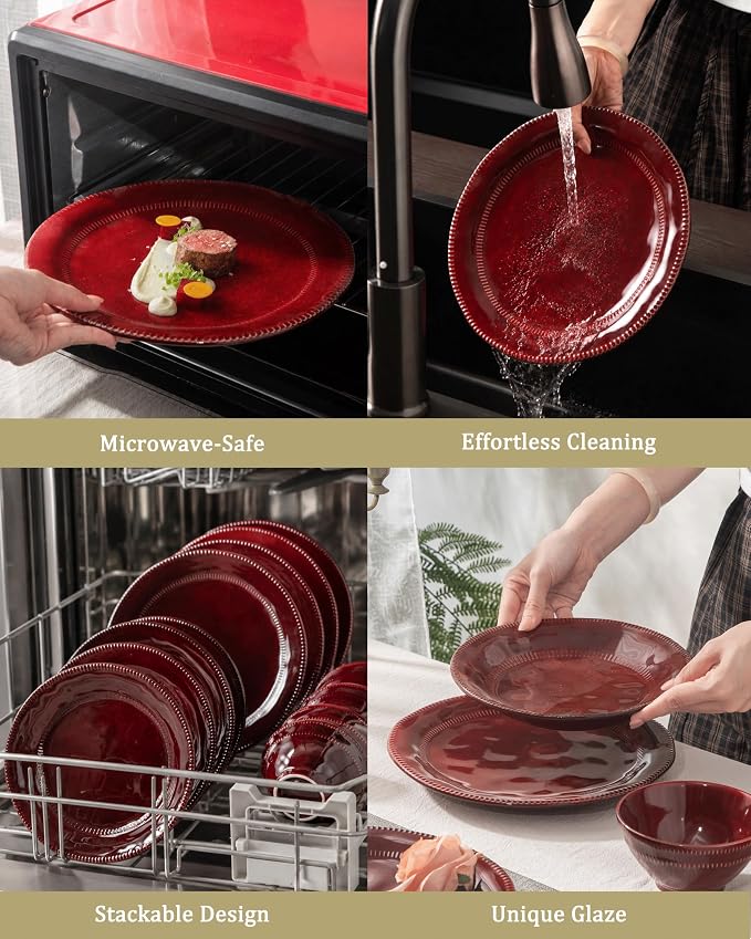4-piece ceramic dinnerware set with active glaze, modern-shaped tableware set, suitable for kitchen, microwave, dishwasher, and oven, scratch-resistant, red