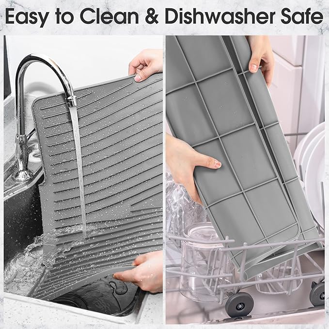 Teenyyou Extra Large Silicone Dish Drying Mat For Kitchen Counter Drying Pad 23.6 x 19 Inch Rubber Dish Drainer Mat with Drain Lip for Sink Drawer Liner(Grey)