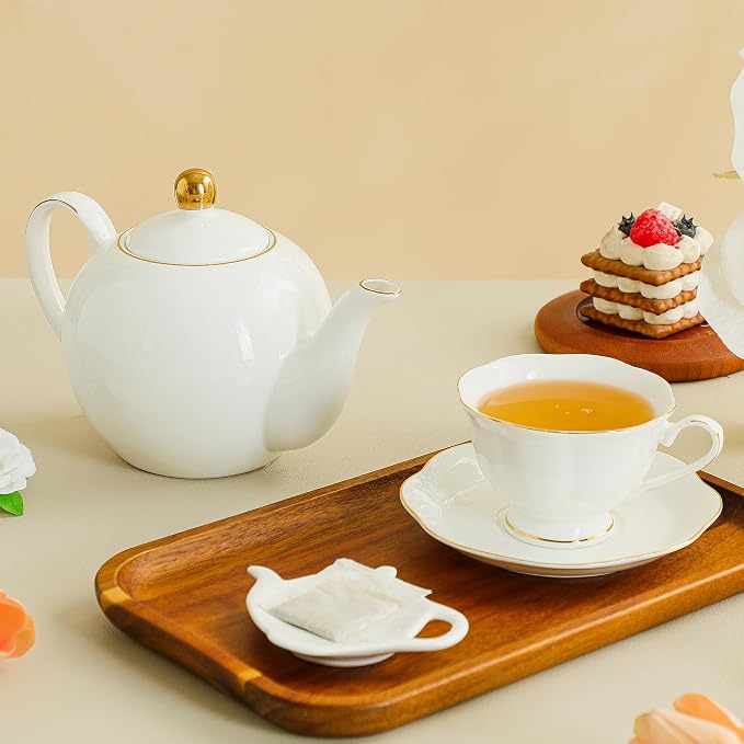 White Ceramic Tea Cup and Saucer Set of 8 (16-Piece) - 6oz Elegant Porcelain Cups with Gold Rim, 8 Cups & 8 Saucers for Tea Party