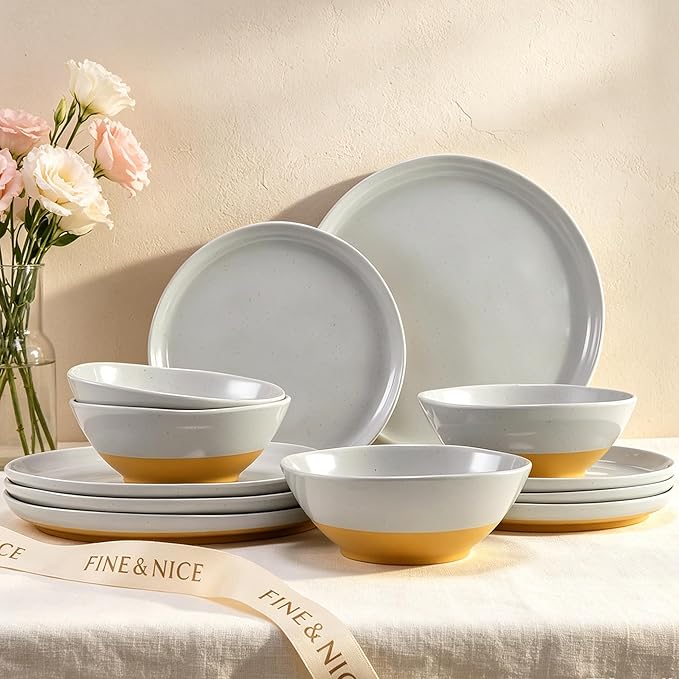 12-Piece Melamine Dinnerware Set for 4, Unbreakable Plates and Bowls, Dinner Dishes Set for Patio, RV and Camping, Dishwasher Safe