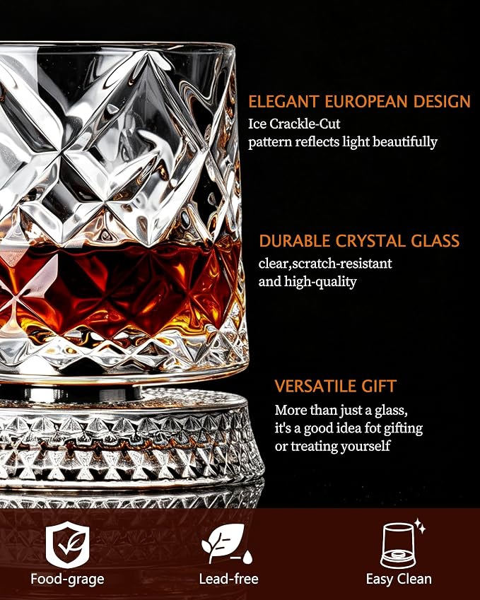 CEEFU Old Fashioned Whiskey Glasses with 360° Rotating Base, Set of 2 (2 Crystal Glasses Set, 2 Big Ice Ball Molds) In Gift Box - Bourbon, Cocktail, Rocks, Bday Gifts Ideas for Men, Ice Crackle