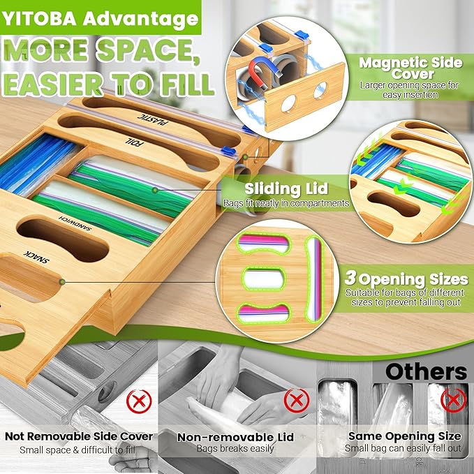Thicker Bag Storage Organizer, Bamboo Baggie Holder With Aluminum Foil Dispenser, Foil and Plastic Wrap Holder With Cutter, 6 in 1 Sandwich Bag Storage for Drawer Kitchen