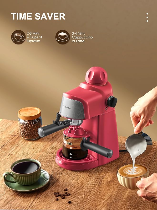 Ihomekee Espresso Machine, 3.5Bar Espresso and Cappuccino Machine with Preheating Function, 4 Cup Coffee Maker with Milk Frothing Function and Steam Wand (Red), CM6810