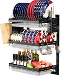 3 Tier Large Wall Mounted Dish Drainer, Stainless Steel Dish Rack, Dish Drying Rack for Kitchen with Utensil Organizer (Black)