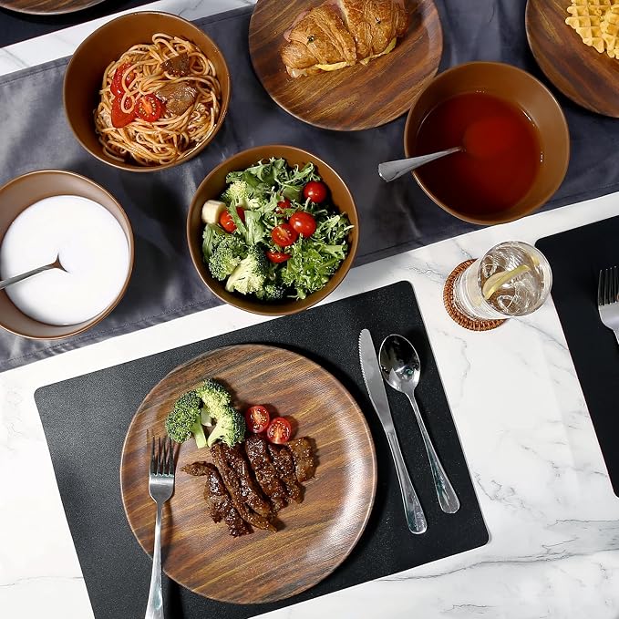 TP 18-Piece Dinnerware Set, Melamine Dishes Set with Bowls and Plates, Service for 6, Non-breakable Lightweight Dining Tableware, Rosewood Grain