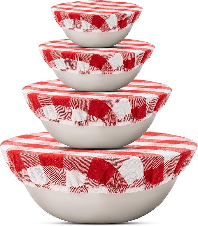 Reusable Mixing Bowl Cover - Perfect Sourdough Bowl Cover - 100% Cotton, Red, Fabric Bowl Covers Set with Elastic to Cover Fruits, Vegetables and Regulate Moisture (Red Plaid, 1XL, 1L, 1M, 1S)