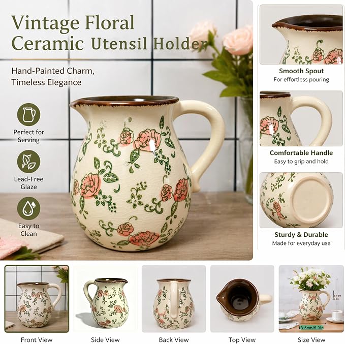 Ceramic Utensil Holder for Kitchen Counter, 6.1 Inch Modern Farmhouse Rustic Cooking Utensil Holder for Countertop Home Decor, Vintage Utensil Organizer Crock for Cooking & Spoon Tools (Red Rose)