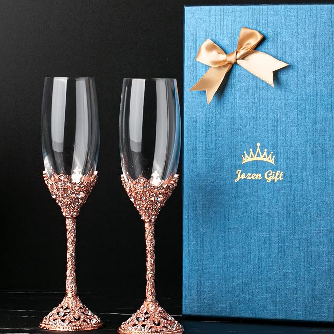 Champagne Flutes - Crystal Glass Metal Base With Crystal Stones, Set of 2 Toasting Flute Pair, Wedding Anniversary Party Birthday Banquets and Gifts for Bride and Groom (Rose Gold)