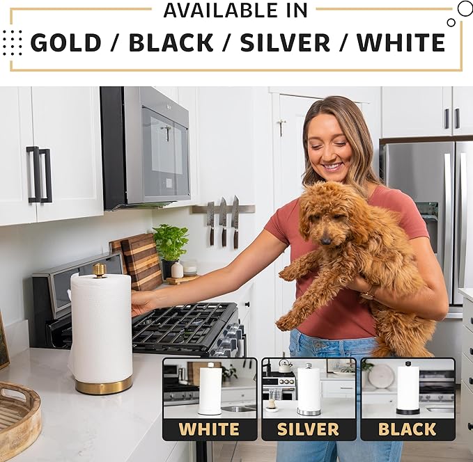 Heavy-Duty Stainless Steel Paper Towel Holder - Easy One-Handed Tear with Suction Cups - Modern Weighted Standing Countertop Dispenser for Kitchen - Holds All Paper Towel Rolls, Gold