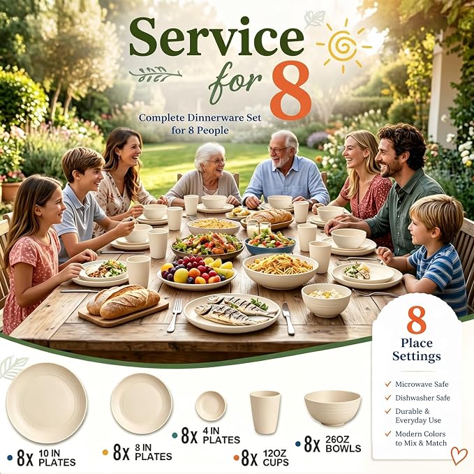 Wrova Premium Plates Bowls and Cups Set 40 PCS- Wheat Straw Dinnerware Sets for 8- Unbreakable Deep Plates/Bowls/Cups/Sauce Dishes- Dishwasher Safe Daily Living Dinnerware for Dinner,Patio- Beige