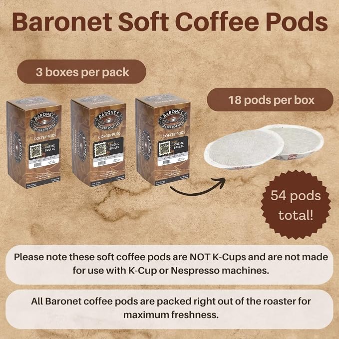 Baronet Coffee Pods [Crème Brulee-54 Pods] Flavored Single Cup Use, Like Senseo [3 Boxes of 18 Single Serve 10 Gram] Regular Strength, Medium Roast [Creme Brulee]