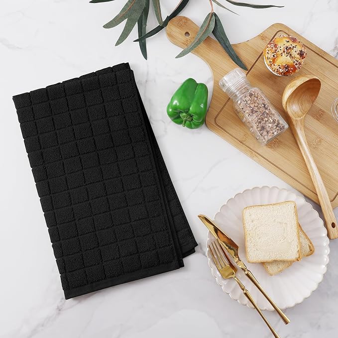 Homaxy Premium Cotton Kitchen Towels 16"x 28", Large Natural Ring Spun 390 GSM Dish Towels, Super Absorbent Terry Kitchen Hand Towels, Soft Tea Towels with Hanging Loop, Pure Black Design, 4 Pack