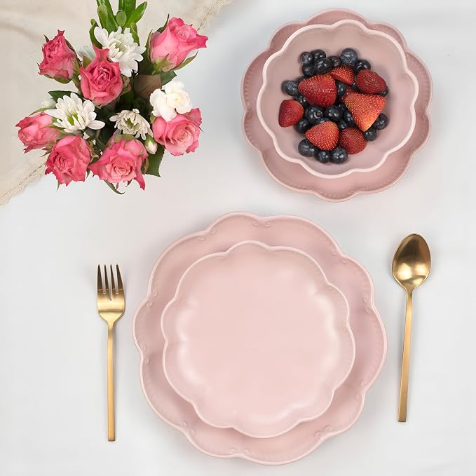 Sango 12 Pieces Scalloped Dinnerware Set, Modern Pink Dishes for 4, Premium Serving Plates & Bowls Sets, Chip Resistant, Blush Ceramic Dishware, Kitchen Dish, Microwave & Dishwasher Safe, Bethany