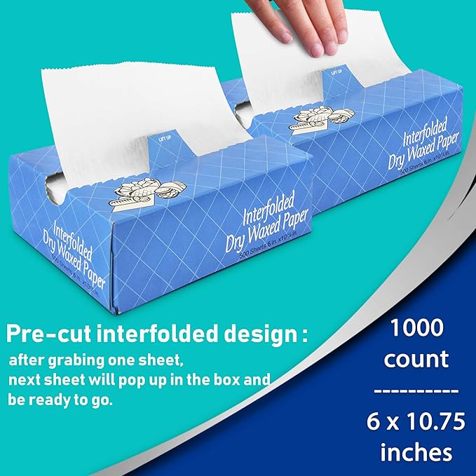 Fit Meal Prep 1000 Sheets 6 x 10.75” Dry Wax Paper Sheets for Food, Greaseproof Sandwich Wrapping, Interfolded Deli Wax Paper for Fries, Burgers, Food Basket, Made in USA