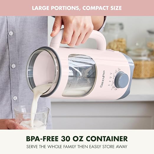 GreenPan 30oz Nut Milk Maker Machine, 15-in-1 for Homemade Almond, Oat, Soy, Coconut, Plant-Based Non-Dairy Beverages, Soups, BPA-Free Glass, Automatic Self-Clean, Delay Start, Pink