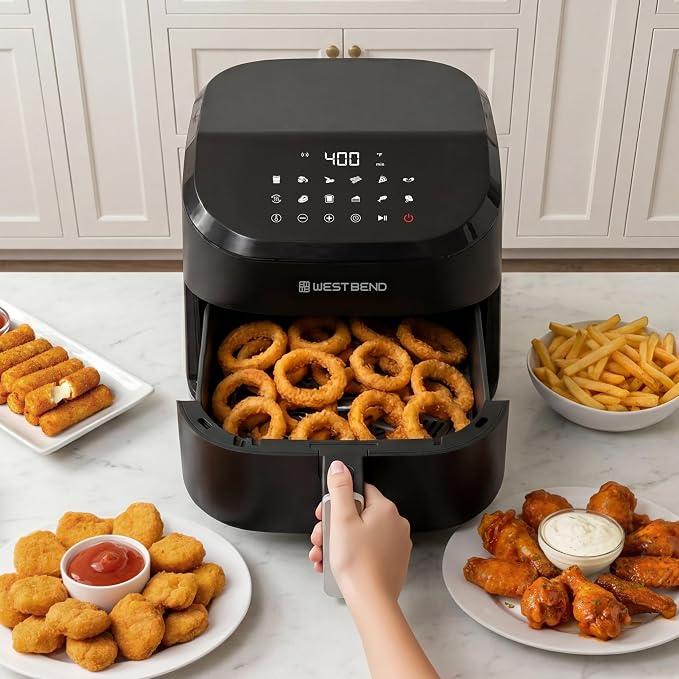 West Bend Digital Air Fryer 4.5 Qt Compact with 12 Presets, Adjustable Temperature for Quick Crispy Meals, Nonstick Easy Clean Basket and Shake Reminder, 1500W, in Black/Silver