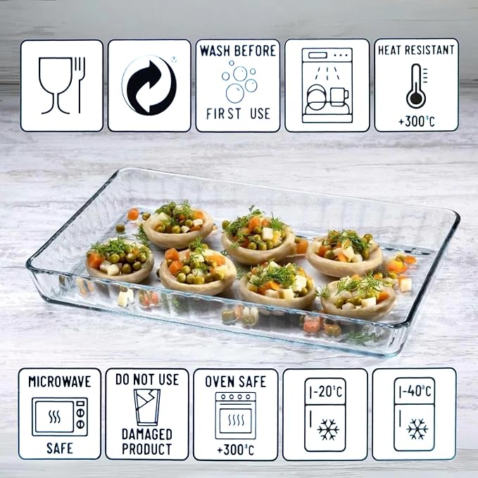 3-Piece Ums 4-Qt (16" x 11" x 2") Glass Baking Dishes for Oven, Glass Oven Pan & Tray Bakeware, Borosilicate Glass Casserole Dish Cookware, Microwave & Oven-Safe Clear Bakeware