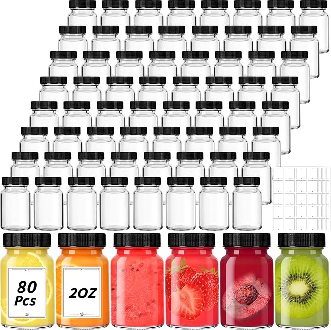 80 Pack 2 oz Glass Shot Bottles with Black Lids Small Clear Glass Jar for Ginger Shot Mini Juice Bottle Reusable Wide Mouth Travel Cup Leakage-Proof with Labels for Wellness Juice Milk Potion Liquids