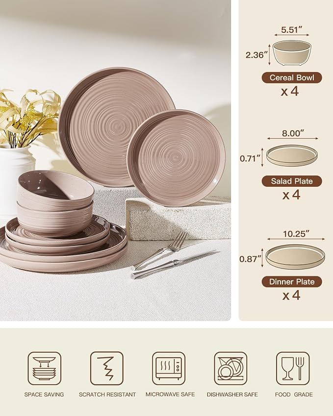 12-Piece Stoneware Dinnerware Sets, Service for 4 - Speckled Glaze with Spiral Design – Farmhouse Coupe Plates and Bowls - Chip & Scratch Resistant, Microwave & Dishwasher Safe, Brown