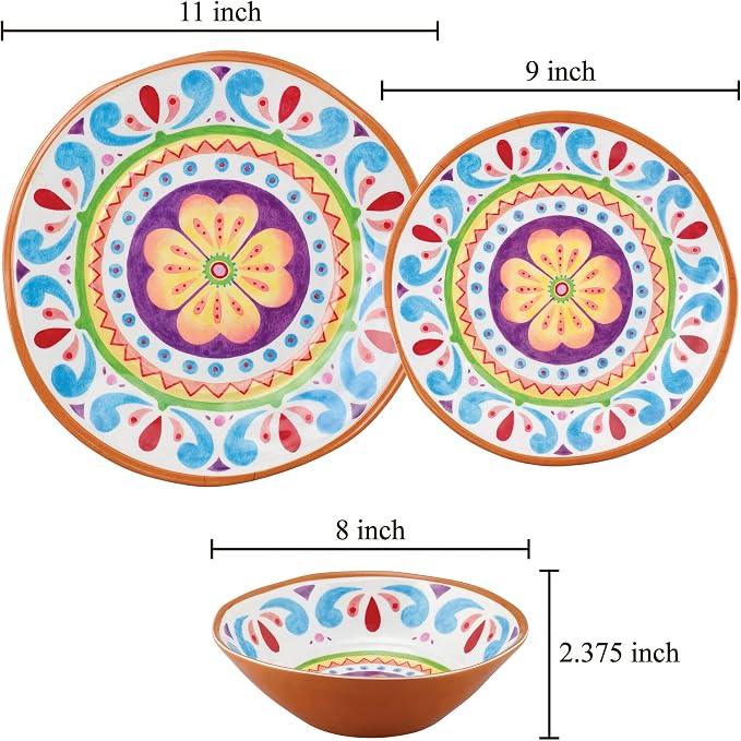 UPware 12 Piece Cinco de Mayo Melamine Dinnerware Sets, Outdoor Dishes Set, Plates and Bowls Sets, Cinco de Mayo Decorations, Service for 4, Multicolor
