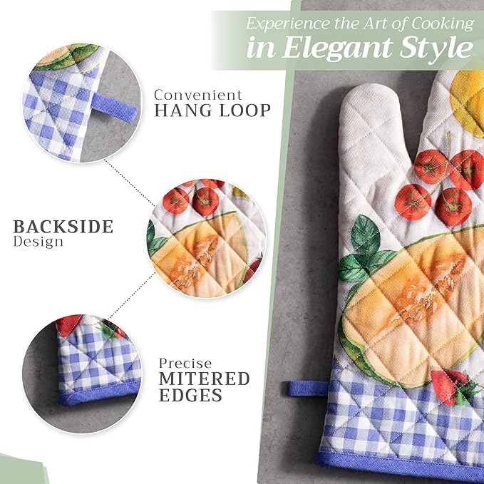Maison d' Hermine 100% Cotton Oven Mitt & Pot Holder Set (7.5"x13" & 8"x8") Heat Resistant BBQ Cooking Gloves with Loop Baking Grilling Kitchen Gifts for Mothers Day Spring/Summer (Gourmand)