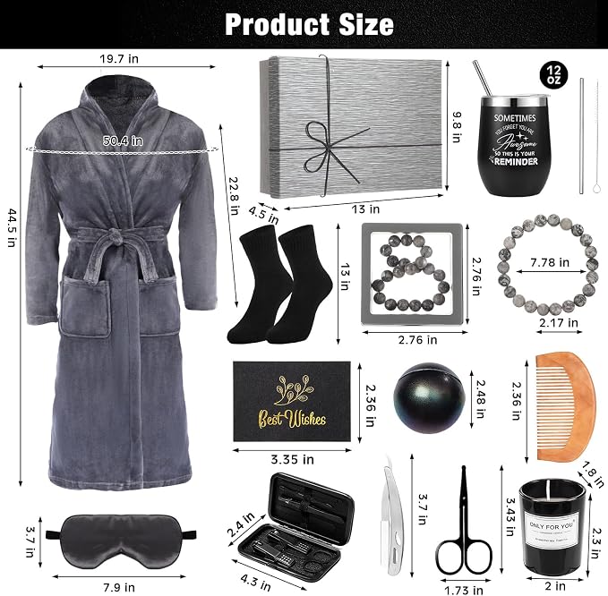 Nuogo 15 Pcs Birthday Gifts for Men Beard Care Set for Him Dad Birthday Gifts Basket Ideas Kit for Men Tumbler Bath Robe for Father's Day Dad Husband Boyfriend Box(Unhooded,Darkgray)