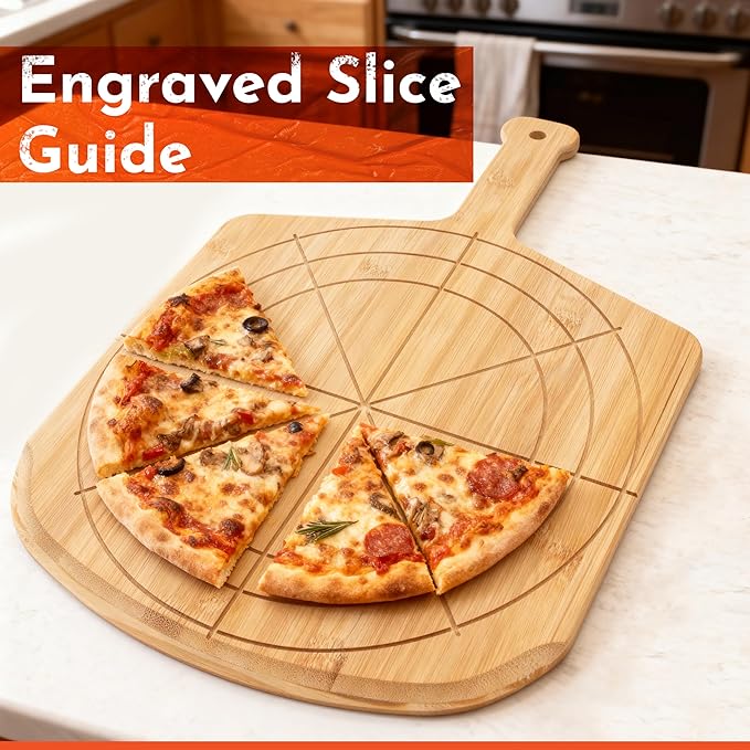 Wooden Pizza Peel 12 Inch Board with Engraved Sizes - Multi-Purpose Bamboo Pizza Cutting Board, Wood Pizza Peel, Pizza Spatula Paddle, and Serving Board with Size and Cutting Guide