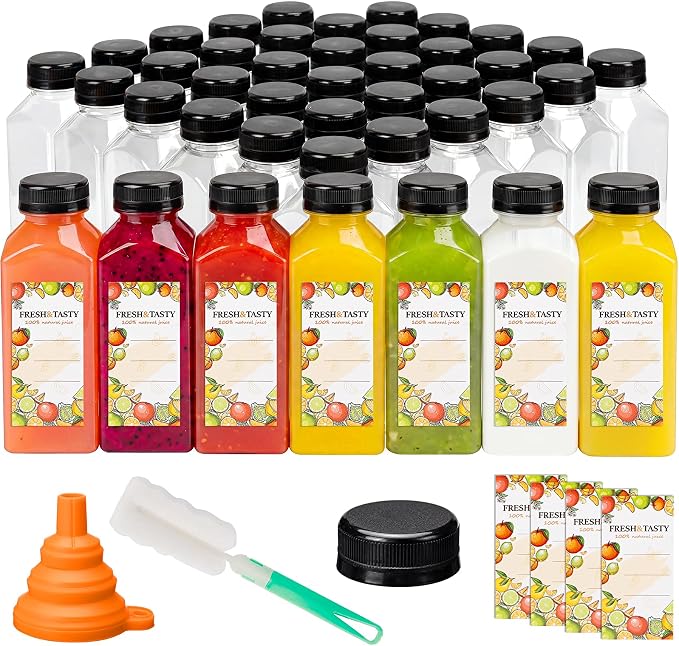 TOMNK 45pcs Juice Bottles, 12oz Reusable Juice Bottles with Caps and Labels, Funnel, Brush Beverage Containers for Juicing, Smoothies, Tea, Milk