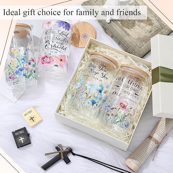 Mumufy 4 Pack Wildflower Glass Cups Gift Aesthetic Cute Glass Cup Tumbler Flower Iced Coffee Mugs 16 oz with Bamboo Lid & Straw, for Wedding Birthday Bridesmaid Mom Baby Shower