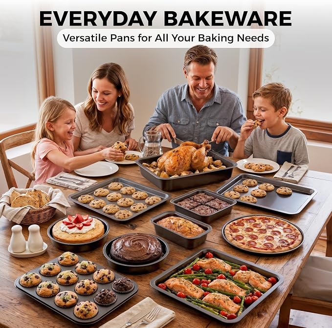 PERLLI Non-Stick 10-Piece Bakeware Set – Carbon Steel with Even Heat Distribution, Oven Safe to 446°F, BPA-Free, Dishwasher Safe, Stackable Baking Tools for Easy Storage and Everyday Cooking - Gray