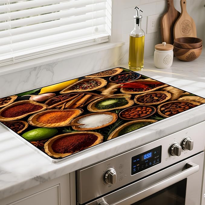 Heat-Resistant Glass Stove Top Cover with Anti-Slip Rubber Coating – Electric Stove Protector, Scratch-Resistant, Expands Counter Space, Stylish Kitchen Decor (Spices)