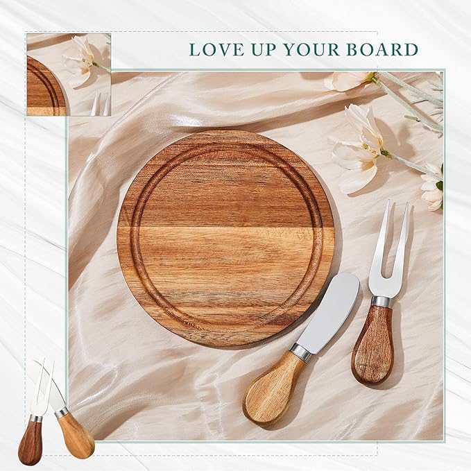 Maxcheck 4 Sets Baby Shower Bridal Game Prizes for Winners Round Cheese Board Set Wood Mini Charcuterie Board with Knives and Forks Thank You Card with Gift Box for Guests Wedding (Acacia)