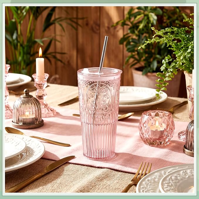 8 Set 20oz Vintage Plastic Tumbler with Lids and Straws Ribbed Floral Drinking Glasses Reusable Iced Coffee Cups for Water Juice Smoothie Cocktail Travel Party Events Gift (Pink)