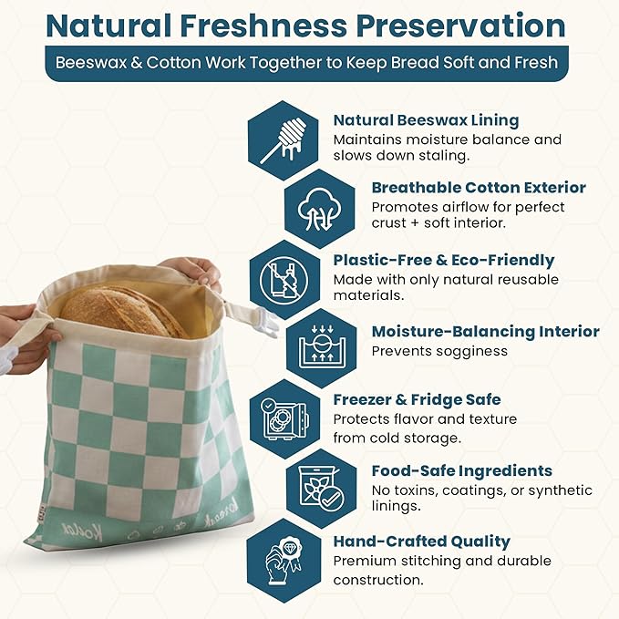 3-Pack Reusable Beeswax Bread Bags (XL, M, S) - Organic Cotton Beeswax Bread Storage Bag for Homemade Bread & Sourdough Freezer-Safe, Breathable & Freshness Support - Eco-Friendly Bread Bag