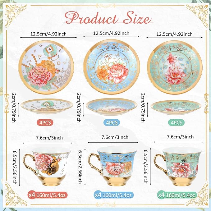 Teenyyou Set of 12 Tea Cups and Saucers Tea Party Decorations Floral Porcelain 5.4 oz British Gift for Women Birthday Party, Church, and Mother's Day (Classic Style)