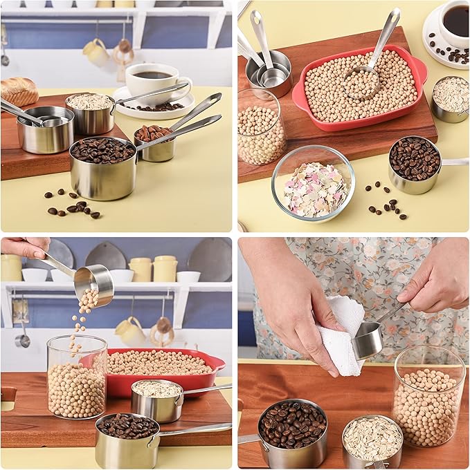 Measuring Cups and Spoons Set 17, 7 Stainless Steel Measuring Cup Set, 9 Spice Long Measuring Spoons with 1 Leveler for Kitchen and Baking, 18/8 Steel Dry Metric Measure Cups &Spoons Set