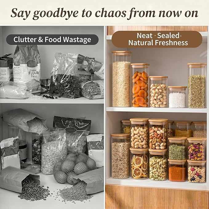 SENTVEND 73 Oz Glass Storage Jars with Bamboo Lids - 3 Pack Clear Glass Canisters Square Airtight Stackable Ideal for Pantry Storage Containers Great for Storing Oats Coffee Beans Pasta Flour Rice etc