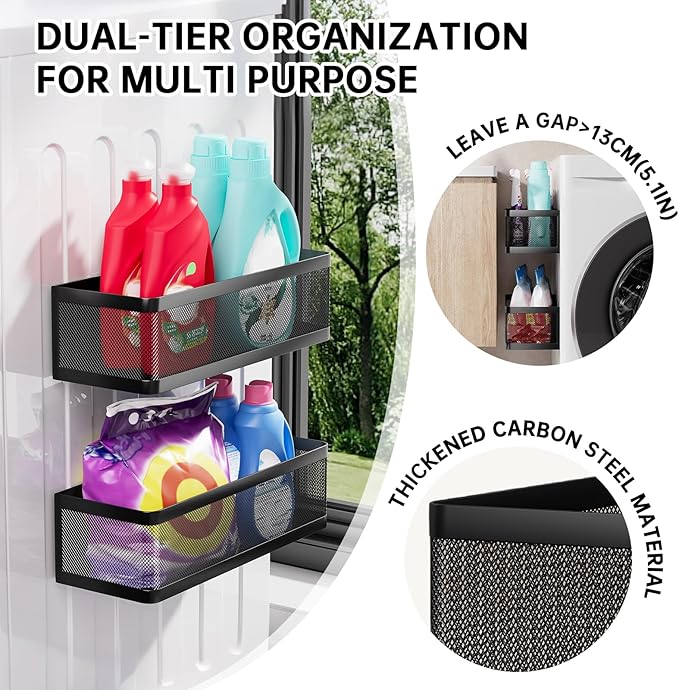 2-Pack Laundry Room Organization, Magnetic Shelves with Tall Guardrails to Prevent Falling - Strong Magnet Organizer for Washing Machine, Refrigerator, Kitchen & Pantry
