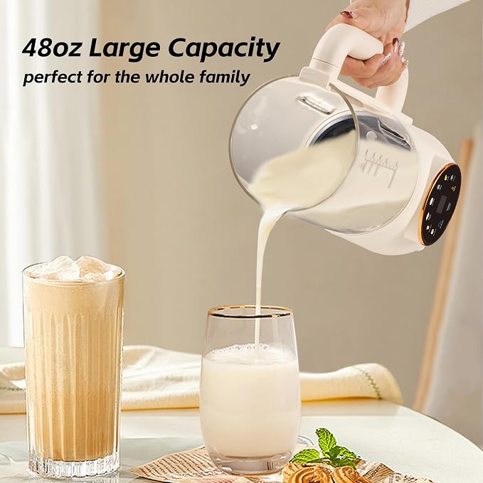 8 in 1 Nut Milk Maker Machine, 48oz Homemade Almond, Oat, Soy, Coconut, Plant-Based and Non-Dairy Beverages with Self-Cleaning, Boil Water, Delay Start, Keep Warm, 16 Blade Blender, Glass Jar