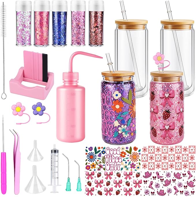 LEGEOS 2 Pack Snow Globe Tumbler Starter Kit, 16oz Pre-Drilled Double Wall Acrylic Cups for DIY Crafting | Includes Blank Cups,4 Cup Wraps, Cradle, Mixed Glitters & Tools | Gifts for Women