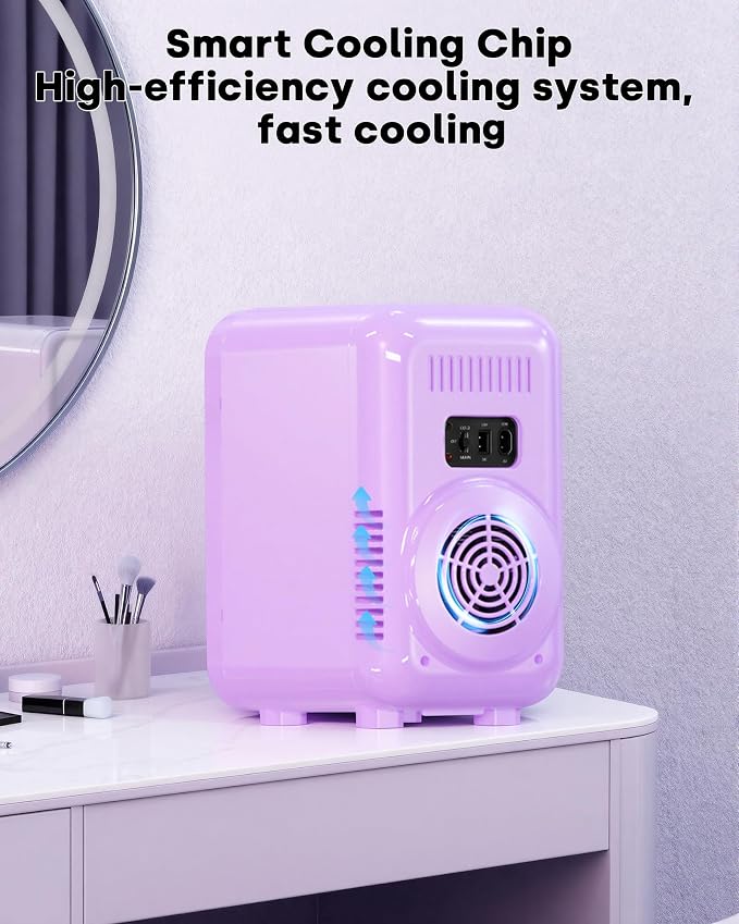 Enventor Mini Skincare Fridge Small Refrigerator for Bedroom, Beauty Fridge for Makeup with Dimmable LED Mirror, 6 L / 8 Cans Compact Portable Cooler for College Dorm, Office, Car, Purple