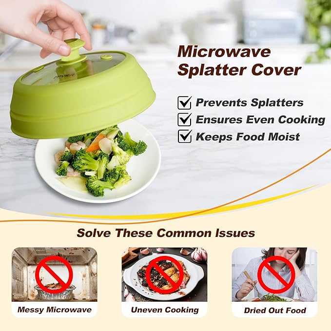 Microwave Splatter cover, Glass Microwave Cover for Food, Guard Lid with Collapsible Silicone for 6-8 inch Plates & Bowls, Dishwasher Safe, Heat Resistant, BPA-Free, 9 inch Green