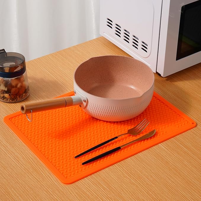 Silicone Drying Mat & Heat Resistant Mat for Kitchen Counter, Non-Slip Dishwasher Safe, Raised Edge for Dishes Bottles Sink (15.35x11.61in, Orange)