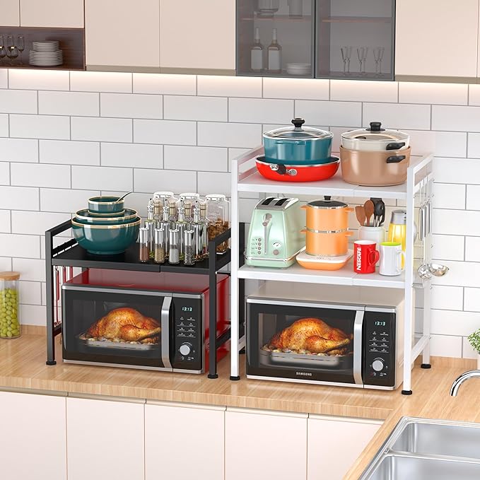 PUSDON Expandable Microwave Oven Rack, 2-Tier Countertop Baker's Rack Style Shelf, Heavy Duty Carbon Steel Stand with 3 Hooks, 160lbs Weight Capacity for Kitchen Organization, Matte Black