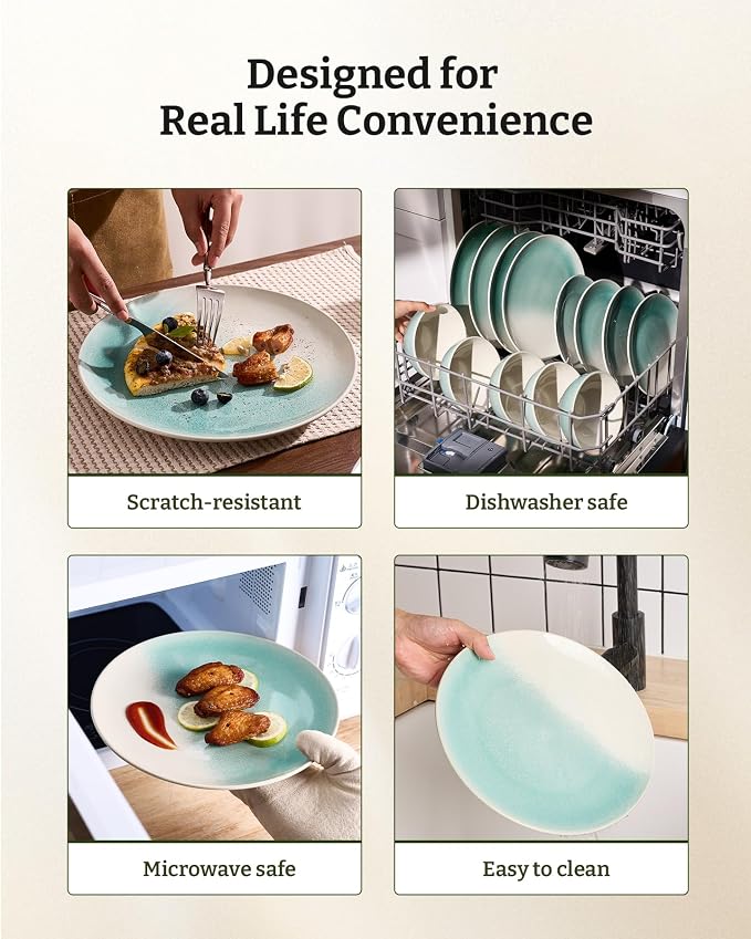 Famiware Glacier Stoneware Dinnerware Sets, 12-Piece Plates and Bowls Set for 4, Reactive Glaze Dishes, Everyday & Formal Use, Dishwasher/Microwave Safe, Chip/Scratch Resistant, Two-Color Glazed, Aqua