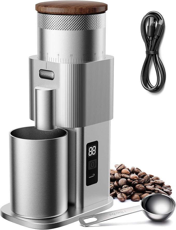 SHARDOR All-Metal Single-Dose Coffee Grinder – Quiet DC Motor, Home-use Espresso Grinder, Burr Coffee Grinder, with 80 Settings and an LED Power Display，Silver