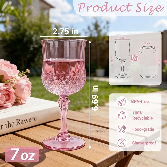 Plastic Wine Glasses, Plastic Goblets Vintage Style Cordial Unbreakable Drinking Glasses， Reusable Drinkware for Wedding Reception, Grand Event Party Supplies (48, Pink)