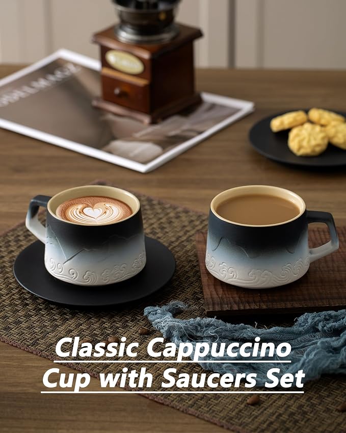 8 oz Cappuccino Cups Set of 2, Embossment Artistic Ceramic Coffee Cups with Saucers Set for Latte Art, Stoneware Cups for Cafe Au Lait, Black Tea, Coffee Lovers Gifts