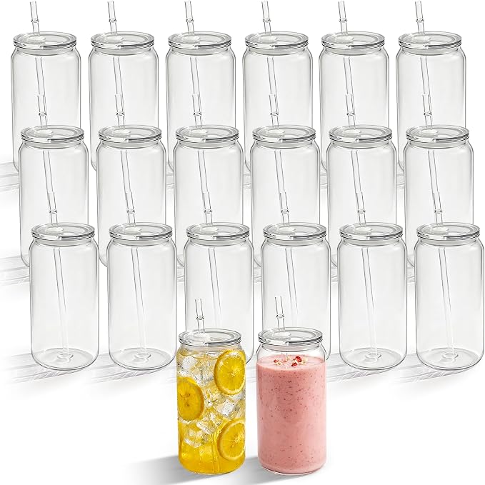 20 Pack Clear Acrylic Cups with Lids and Straws, 16 oz Plastic Mason Jars Reusable Iced Coffee Cups Unbreakable Drinking Glasses for Poolside, Party Giveaways, Park Picnic
